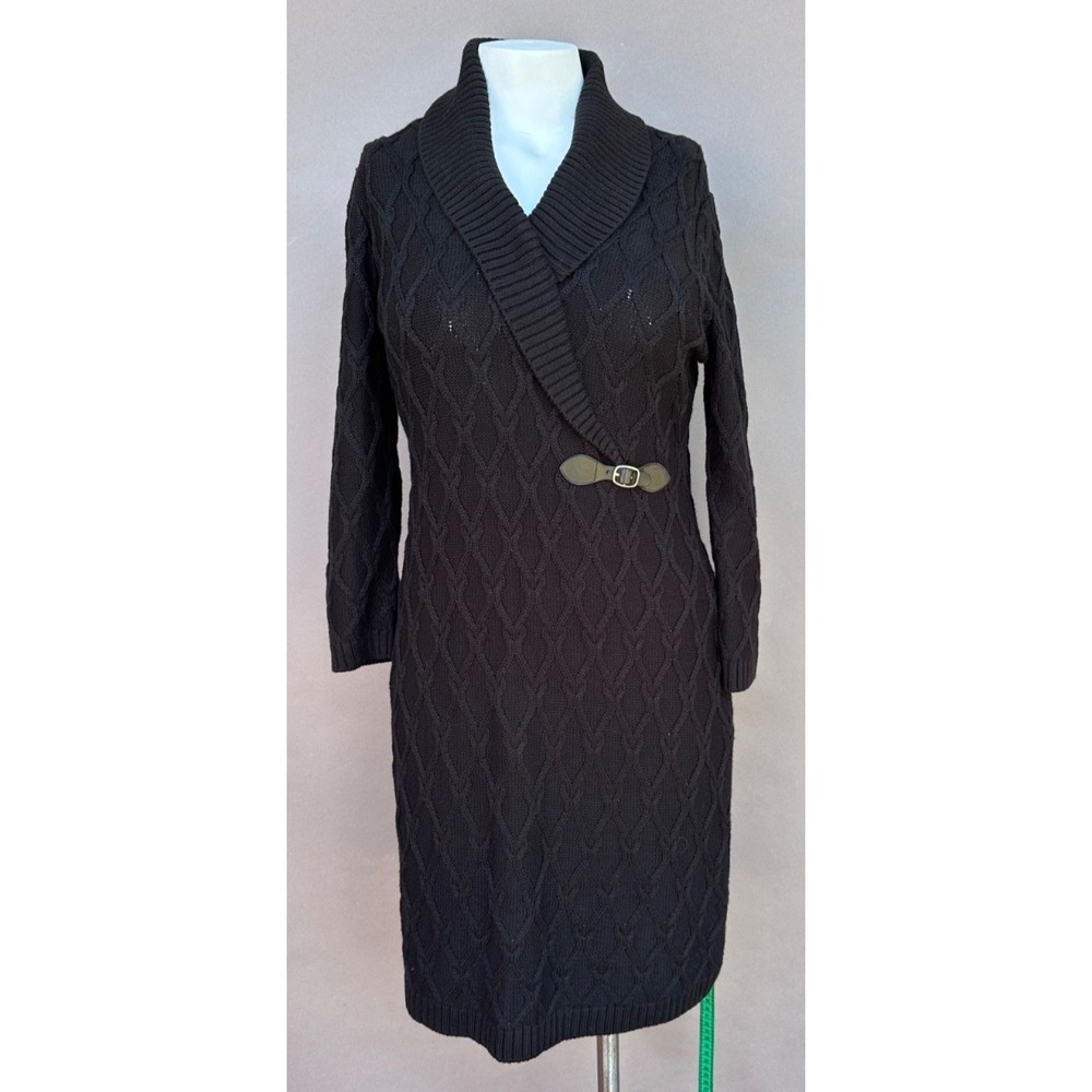 Calvin Klein Black Diamond Knit Sweater Dress L Black Long Sleeve Shawl Collar